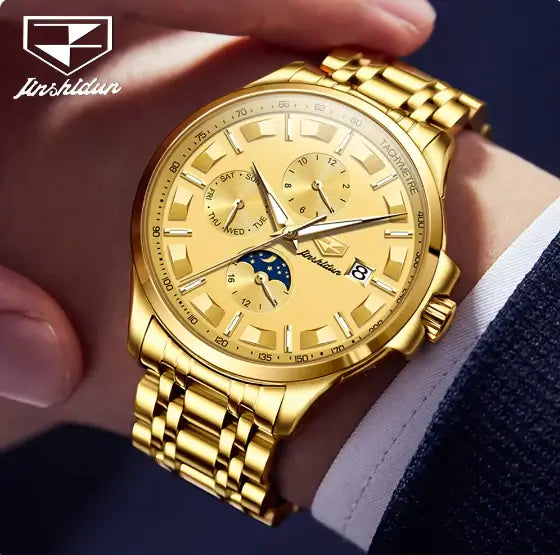 JSDUN 8941 Men's Luxury Automatic Mechanical Luminous Moon Phase Watch - Model Picture Full Gold