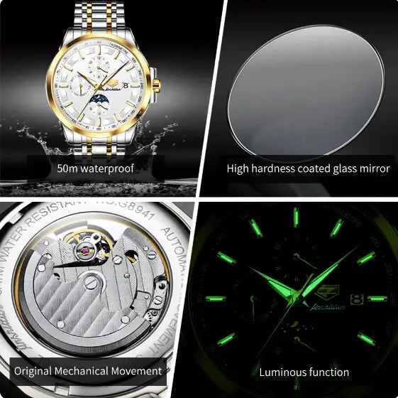 JSDUN 8941 Men's Luxury Automatic Mechanical Luminous Moon Phase Watch - Multiple Features