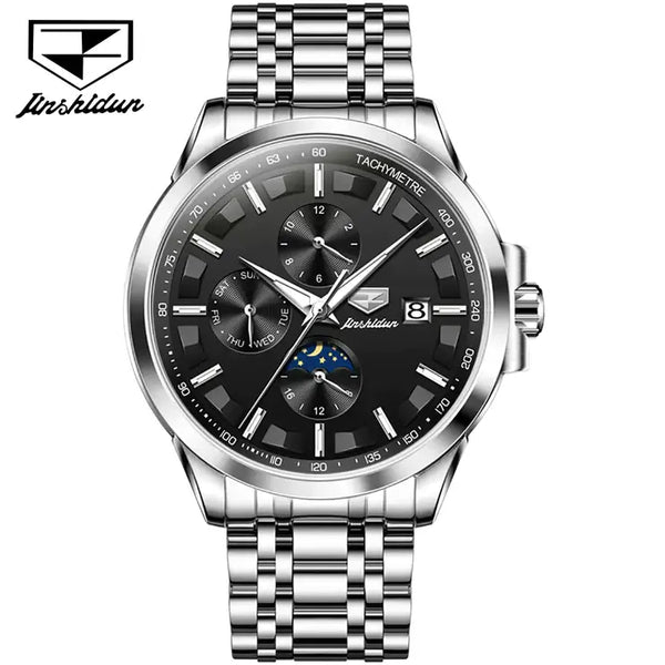 JSDUN 8941 Men's Luxury Automatic Mechanical Luminous Moon Phase Watch - Silver Black Face