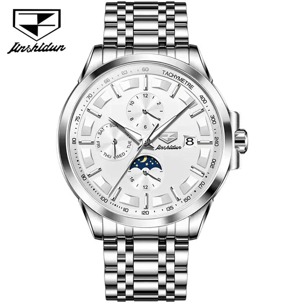 JSDUN 8941 Men's Luxury Automatic Mechanical Luminous Moon Phase Watch - Silver White Face