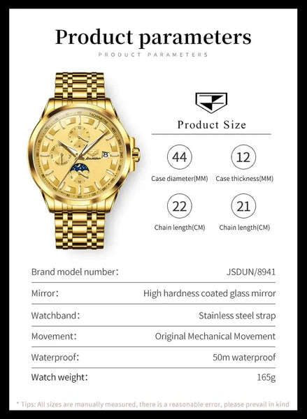 JSDUN 8941 Men's Luxury Automatic Mechanical Luminous Moon Phase Watch - Specifications