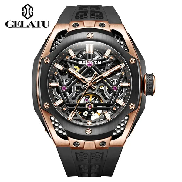 GELATU 6008 Men's Luxury Automatic Mechanical Skeleton Design Luminous Watch - Black Rose Gold Black Strap