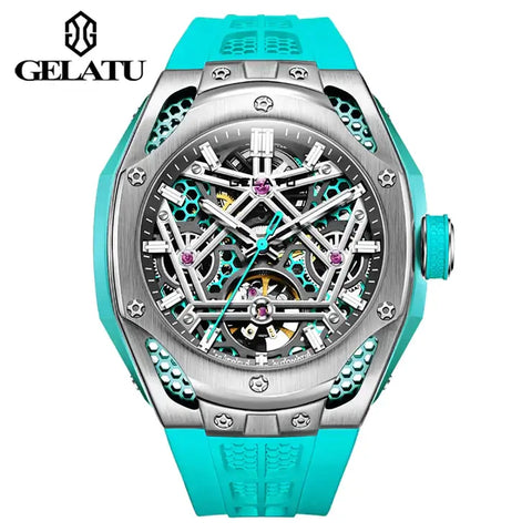 GELATU 6008 Men's Luxury Automatic Mechanical Skeleton Design Luminous Watch - Blue Gray Blue Strap