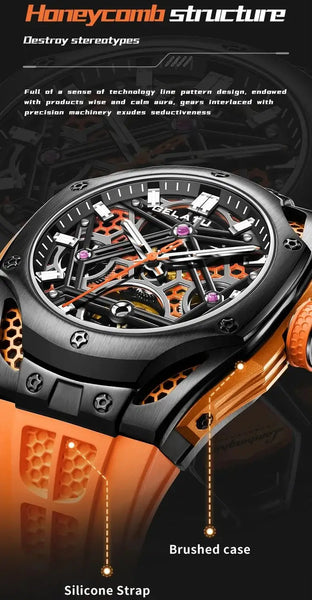 GELATU 6008 Men's Luxury Automatic Mechanical Skeleton Design Luminous Watch - Honeycomb Design