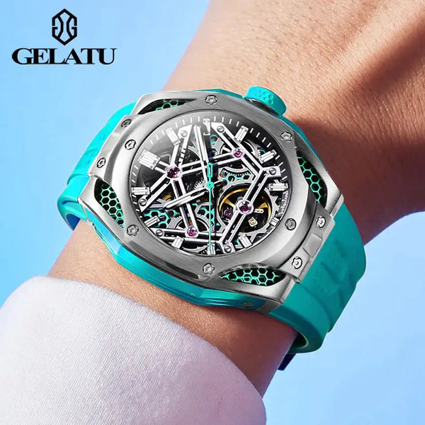 GELATU 6008 Men's Luxury Automatic Mechanical Skeleton Design Luminous Watch - Model Picture Blue Gray