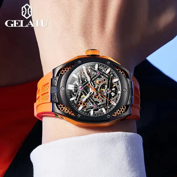 GELATU 6008 Men's Luxury Automatic Mechanical Skeleton Design Luminous Watch - Model Picture Orange Black