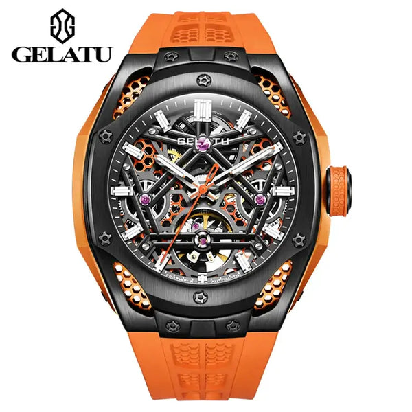 GELATU 6008 Men's Luxury Automatic Mechanical Skeleton Design Luminous Watch - Orange Black Orange Strap