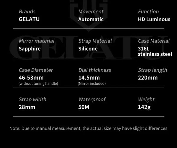 GELATU 6008 Men's Luxury Automatic Mechanical Skeleton Design Luminous Watch - Specifications