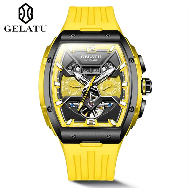 GELATU 6013 Men's Luxury Automatic Mechanical Tonneau Shaped Luminous Watch - Black Yellow - Yellow Silicone Strap