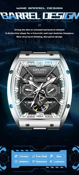GELATU 6013 Men's Luxury Automatic Mechanical Tonneau Shaped Luminous Watch - Featrures