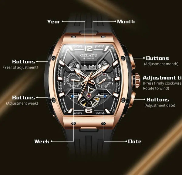 GELATU 6013 Men's Luxury Automatic Mechanical Tonneau Shaped Luminous Watch - Functions