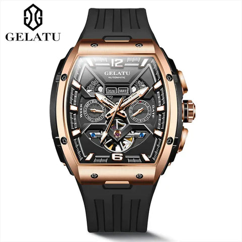 GELATU 6013 Men's Luxury Automatic Mechanical Tonneau Shaped Luminous Watch - Rose Gold Black - Black Silicone Strap