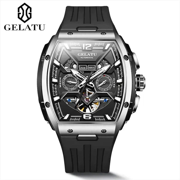 GELATU 6013 Men's Luxury Automatic Mechanical Tonneau Shaped Luminous Watch - Silver Black - Black Silver Strap