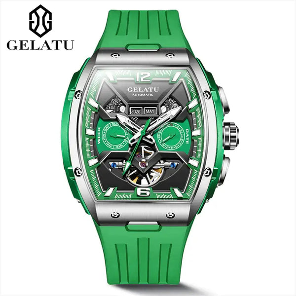 GELATU 6013 Men's Luxury Automatic Mechanical Tonneau Shaped Luminous Watch - Silver Green Black - Green Silicone Strap