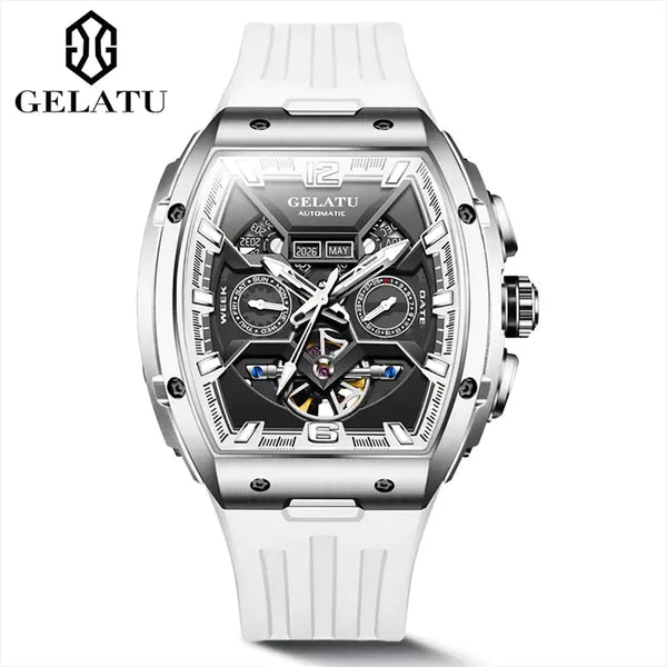 GELATU 6013 Men's Luxury Automatic Mechanical Tonneau Shaped Luminous Watch - Sliver White Black - White Silicone Strap