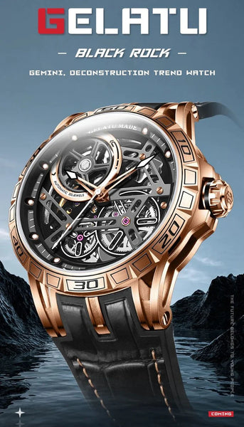 GELATU 6015 Men's Luxury Automatic Mechanical Skeleton Design Luminous Watch - Black Rock Design