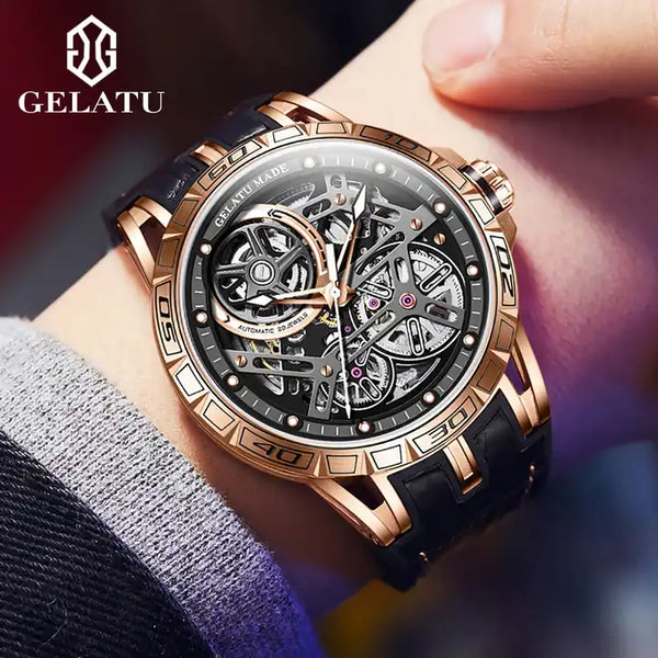 GELATU 6015 Men's Luxury Automatic Mechanical Skeleton Design Luminous Watch - Model Picture Rose Gold Black