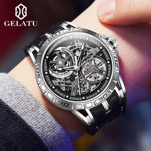 GELATU 6015 Men's Luxury Automatic Mechanical Skeleton Design Luminous Watch - Model Picture Silver Black
