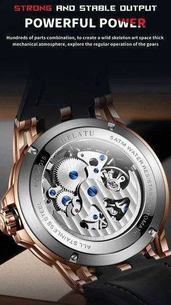 GELATU 6015 Men's Luxury Automatic Mechanical Skeleton Design Luminous Watch - Original Movement