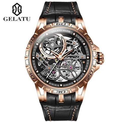 GELATU 6015 Men's Luxury Automatic Mechanical Skeleton Design Luminous Watch - Rose Gold Black