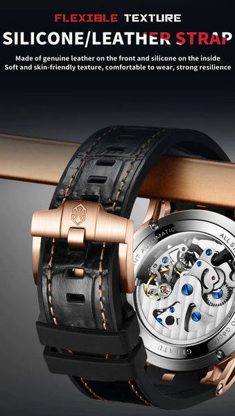 GELATU 6015 Men's Luxury Automatic Mechanical Skeleton Design Luminous Watch - Silicone Leather Strap