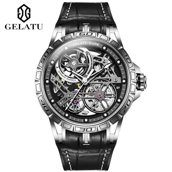 GELATU 6015 Men's Luxury Automatic Mechanical Skeleton Design Luminous Watch - Silver Black