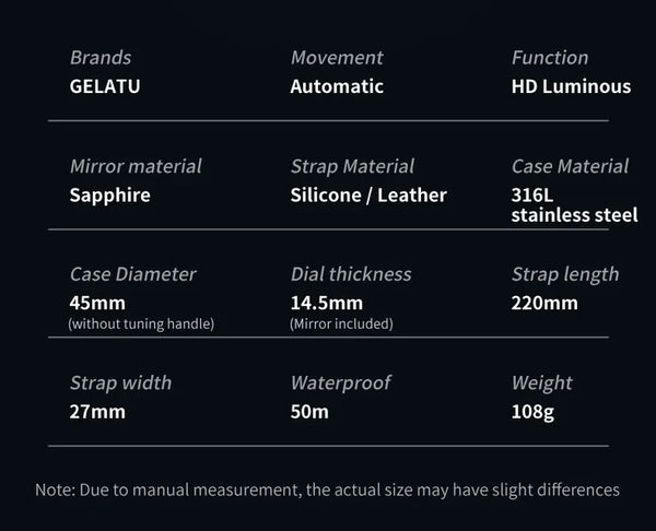 GELATU 6015 Men's Luxury Automatic Mechanical Skeleton Design Luminous Watch - Specifications