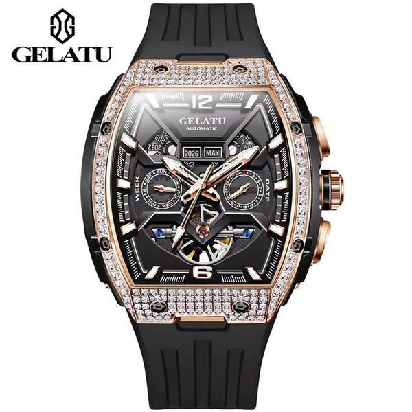 GELATU 6016 Men's Luxury Automatic Mechanical Complete Calendar Luminous Watch - Rose Gold Black Black Strap
