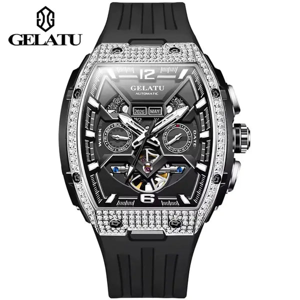 GELATU 6016 Men's Luxury Automatic Mechanical Complete Calendar Luminous Watch - Silver Black Black Strap