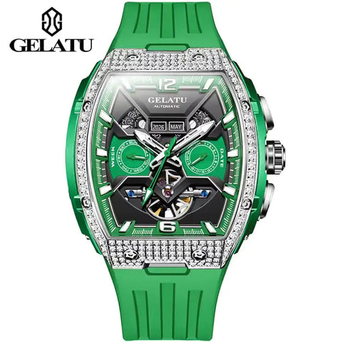 GELATU 6016 Men's Luxury Automatic Mechanical Complete Calendar Luminous Watch - Silver Green Black Green Strap
