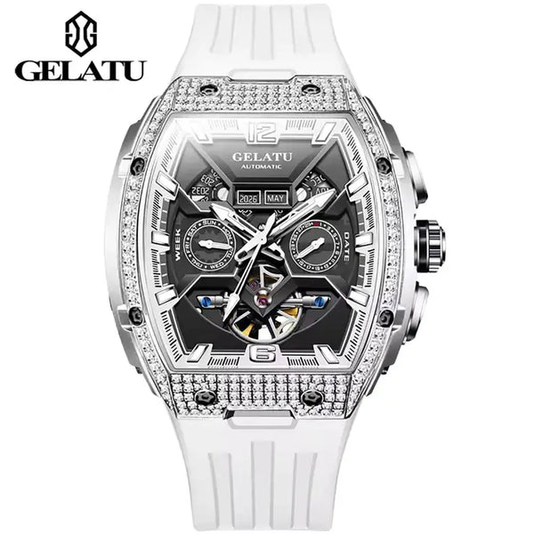GELATU 6016 Men's Luxury Automatic Mechanical Complete Calendar Luminous Watch - Silver White Black White Strap