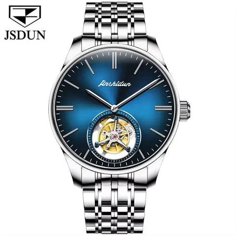 JSDUN 834 Men's Luxury Manual Mechanical Tourbillon Movement Watch - Silver Blue Face