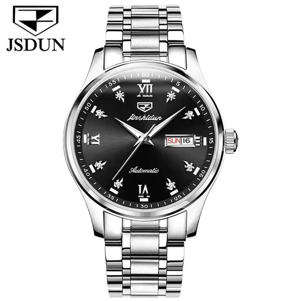 JSDUN 8763 Men's Luxury Automatic Mechanical Luminous Watch - Silver Black Face