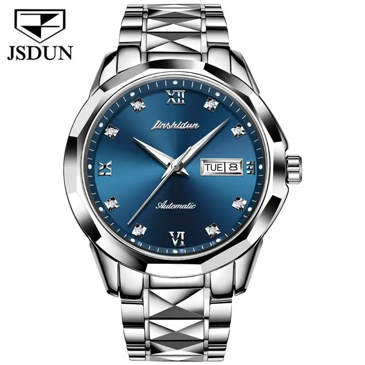 JSDUN 8813 Men's Luxury Automatic Mechanical Luminous Watch - Silver Blue Face