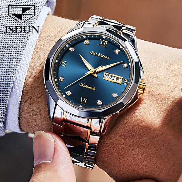 JSDUN 8823 Men's Luxury Automatic Mechanical Luminous Watch - Model Picture Two Tone Blue