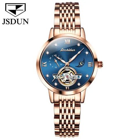 JSDUN 8832 Women's Luxury Automatic Mechanical Hollow Flywheel Design Luminous Moon Phase Watch - Blue Face