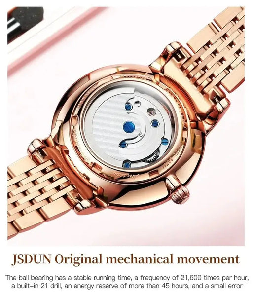 JSDUN 8832 Women's Luxury Automatic Mechanical Hollow Flywheel Design Luminous Moon Phase Watch - Original Movement