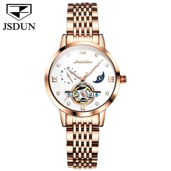 JSDUN 8832 Women's Luxury Automatic Mechanical Hollow Flywheel Design Luminous Moon Phase Watch - White Face