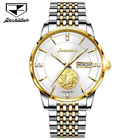 JSDUN 8846 Men's Luxury Automatic Mechanical Gold PIXIU Design Luminous Watch - Two Tone White Face