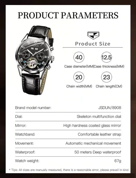 JSDUN 8908 Men's Luxury Automatic Mechanical Complete Calendar Luminous Watch - Specifications