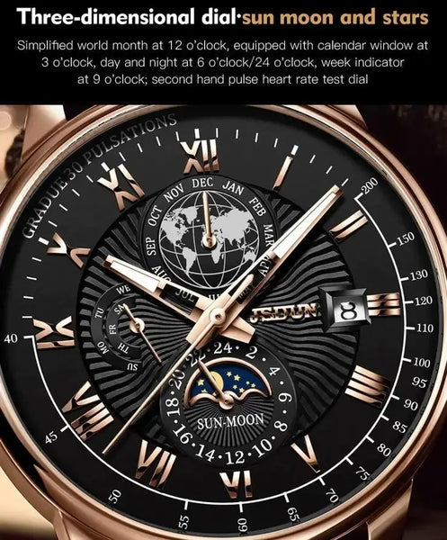 JSDUN 8909 Men's Luxury Automatic Mechanical Moon Phase Watch - Features