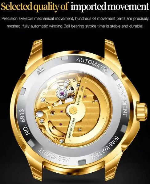 JSDUN 8913 Men's Luxury Automatic Mechanical Gold Bull Design Luminous Watch - Japanese Movement