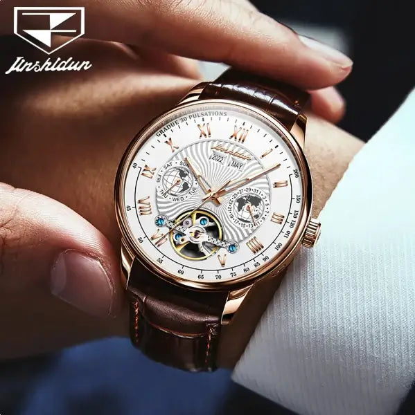 JSDUN 8919 Men's Luxury Automatic Mechanical Complete Calendar Luminous Watch - Model Picture Rose Gold White