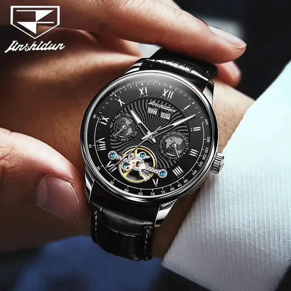 JSDUN 8919 Men's Luxury Automatic Mechanical Complete Calendar Luminous Watch - Model Picture Silver Black