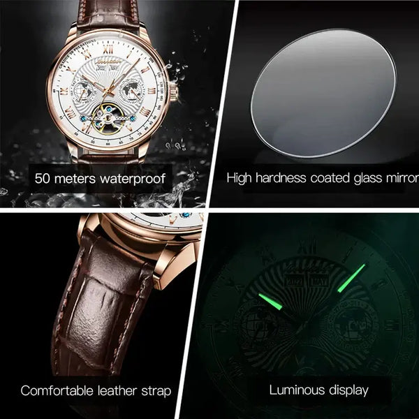 JSDUN 8919 Men's Luxury Automatic Mechanical Complete Calendar Luminous Watch - Multiple Features