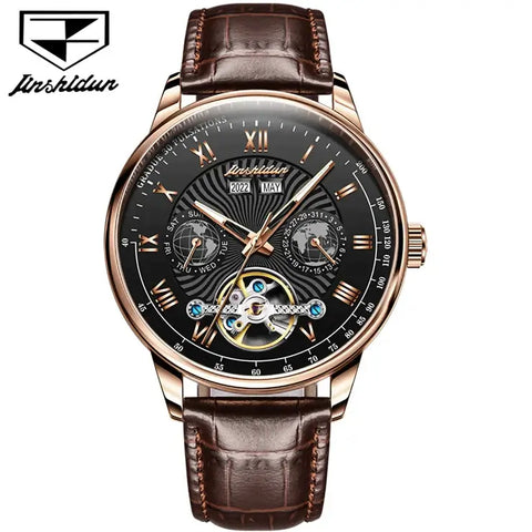 JSDUN 8919 Men's Luxury Automatic Mechanical Complete Calendar Luminous Watch - Rose Gold Black Face Brown Leather Strap