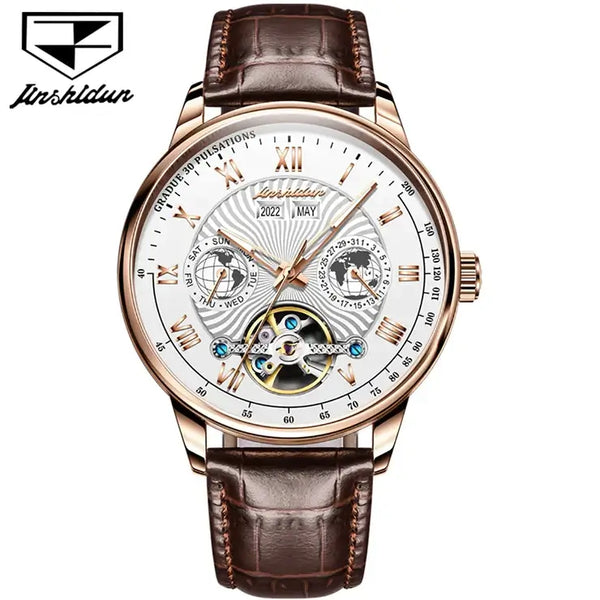 JSDUN 8919 Men's Luxury Automatic Mechanical Complete Calendar Luminous Watch - Rose Gold White Face Brown Leather Strap