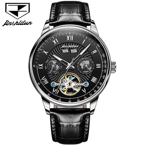 JSDUN 8919 Men's Luxury Automatic Mechanical Complete Calendar Luminous Watch - Silver Black Face Black Leather Strap