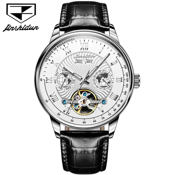 JSDUN 8919 Men's Luxury Automatic Mechanical Complete Calendar Luminous Watch - Silver White Face Black Leather Strap