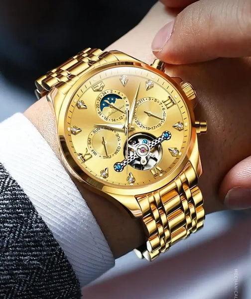 JSDUN 8932 Men's Luxury Automatic Mechanical Luminous Moon Phase Watch - Model Picture Gold